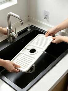 2pcs/1pc Foldable Silicone Sink Drain Mat, Multi-Functional Retractable Draining Board, Kitchen Essential For Small Apartments, With Round Hole To Fit Faucet, Textured Ridges For Fast Drainage And No Water Accumulation, Waterproof And Non-Slip, Multi-Purpose. Can Be Used As Dish/Fruit/Vegetable Washing Station, Dish Soap/Sponge Storage Mat, Craft Anti-Stain Mat, Coffee Bar Drip Tray, Makeup Brush Drying Mat. Soft And Foldable, Can Be Hung For Storage After Use, Space-Saving, Fits Most Sinks, Perfect For Singles, Cleanliness Enthusiasts, And As A Gift. - White - View 1