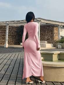 Autumn V-Neck Hollow Out Tie-Up Ruffle Trim Slit Long Sleeve Dress - Pink - View 5