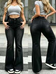 American Style Premium Black High-Waisted Slim Fit Flared Jeans - Black - View 1