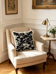 1PC French Floral Print Pillow Cover With Tassel Border, Double-Sided Decorative Pillowcase, Black Background White Flower Pattern, Home Decoration, Sofa, Bed, Bedroom(Excluding Pillow Core)-Size Excludes 3cm Tassels - Multicolor - View 10