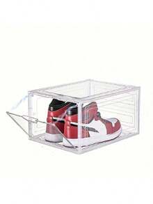 1pc Household Transparent Shoe Keeper With Round Ring Handle, Vertical Stackable Drawer Style Plastic Shoe Box, Space Saving Footwear Container - View 1