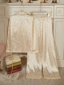 Women's Autumn/Winter Bow Jacquard Satin Patch Pocket Front Button Long Sleeve Pants Pajama Set - Champagne - View 2