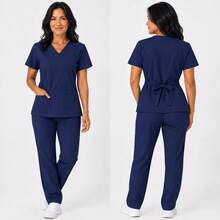 conjunto Pijama Cirúrgico Feminino Acinturado Manga Curta - AZUL MARINHO - Visão 2