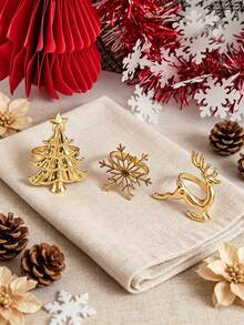 12/6/2/1pc Gold Christmas Theme Napkin Rings, Metal Christmas Tree Napkin Holders, Reindeer, Snowflake, Christmas Tree Shaped Napkin Bands, Holiday Table Decor, Suitable For Christmas Dinner, Holiday Party, Wedding Banquet, Farmhouse Style And Home Table Setting Decoration - Gold - View 4