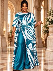 Plus Size 2 Pieces Pants Set Kaftan Top With Drawstring Wide Leg Pants African Print Outfit Elegant Church Wedding Guest Formal Wear New Fashion - Mint Blue - View 7