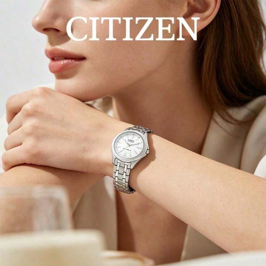 CITIZEN Women's Controlled -Drive Watch Brushed Silver Stainless Steel Link Bracelet Matte White Dial Luminous Bar Indexes Practical Ladies Watch - Silver - View 1