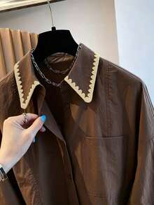 Solstice Apparel Women's Yellow Shirt, Contrast Embroidery Collar, Loose Oversized Long Sleeve Pocket Casual Artistic Style Blouse - Brown - View 5