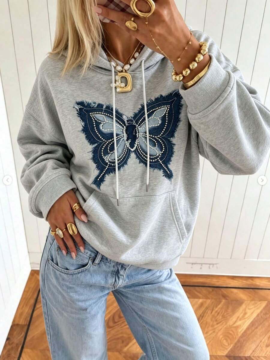 Grey Denim Butterfly Patchwork Sweatshirt, Women's Y2K Sweet & Cool Style, Loose Lazy Casual Top For Autumn/Winter - Light Grey - View 1