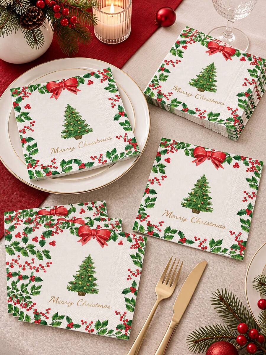 48/24/1pc Christmas-Themed Party Napkins, Disposable Christmas-Print Napkins, Christmas Decorations, Christmas Tree And Bow Patterned Napkins. Suitable For Christmas Parties, Table Settings, Holiday Dinners, And Themed Party Decorations. Can Be Used For Plating Or Wiping, Enhancing Table Aesthetics. Ideal For Christmas Decorations, Party Preparations, And Holiday Gifts. - Multicolor - View 1