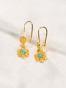 2PCS Vintage Middle Eastern Style Rust Proof 21K Gold Alternative Turquoise Stone Petal Dangle Drop Earrings For Women Ramadan & Special Occasions - Turquoise - View 2