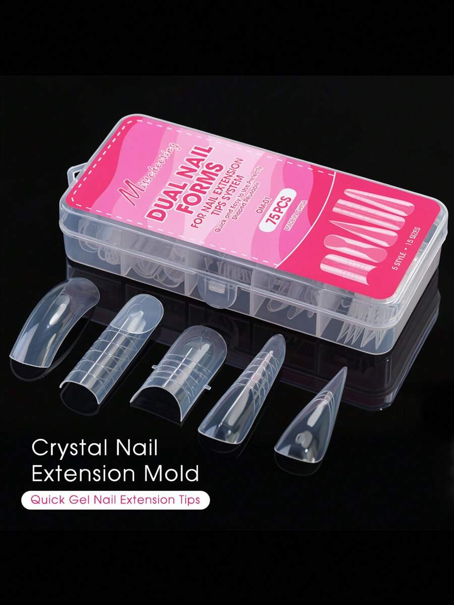 75pcs Dual Nail Forms Set, 5-Shape 15-Size Reusable Clear For Poly Gel Nail Molds, Nail Extension Forms For Poly Gel Manicure Nail-Salon Supplies - Clear - View 1