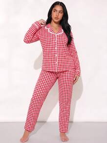 2pcs Women's Plaid Print Lace Patchwork Long Sleeve Pajama Top + Elastic Waist Long Pants Loungewear Set - Red - View 2