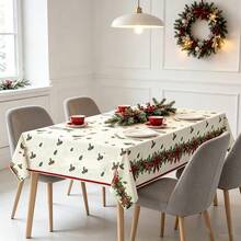 Tablecloth, Christmas Party Tablecloth With Holly And Pinecone Pattern, 54*108 Inches Merry Christmas Festive Tablecloth, Rectangular Waterproof Christmas Holiday Tablecloth, Christmas Party Decor Set Of 3/1 Piece - Red and Green - View 1