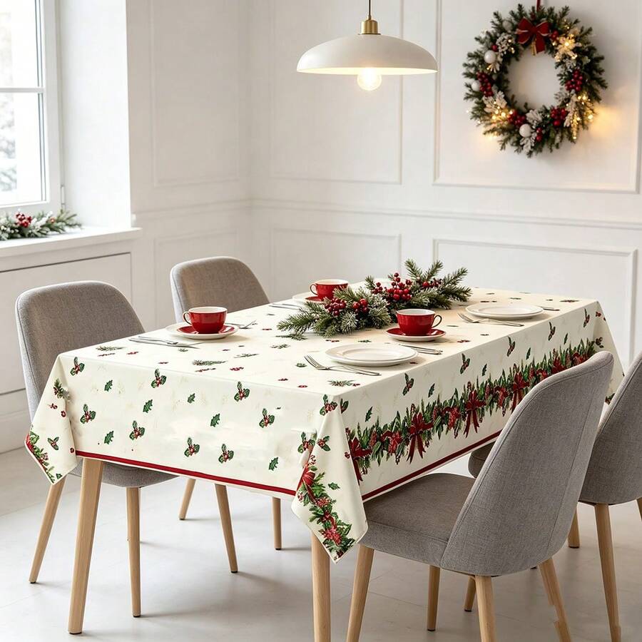 Tablecloth, Christmas Party Tablecloth With Holly And Pinecone Pattern, 54*108 Inches Merry Christmas Festive Tablecloth, Rectangular Waterproof Christmas Holiday Tablecloth, Christmas Party Decor Set Of 3/1 Piece - Red and Green - View 1
