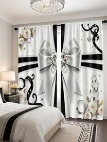 2Pcs Simple European Luxury Bow Camellia Wavy Print Pattern, Semi-Sheer Rod Pocket Curtains, Suitable For Living Room And Bedroom, Rod Not Included, Machine Washable - Black and White - View 3