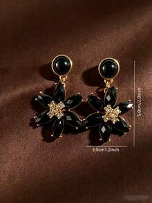 1 Pair Fashionable Vintage Luxury Personalized Flower Rhinestone Studded High-End Elegant Earrings Suitable For Banquet, Vacation, Party Wear - Black - View 5