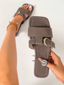 Ximi Ruo 女款春夏新款時尚休閒單帶平底拖鞋，舒適低跟圓頭極簡主義沙灘鞋，百搭戶外拖鞋 - 灰色 - 查看 1