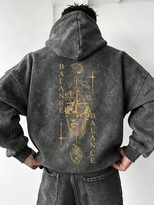Men's Gold Artistic Pattern Hoodie, Casual Loose Fit Washed Pullover Sweatshirt - Black - View 2