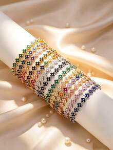 1pc Colorful Fashion Luxury Women's Floral Zirconia Bracelet - Horizontal and Vertical Link - View 4