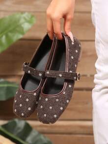 Women's Coffee Brown Suede Polka Dot Flat Mary Jane Shoes With Single Strap, Versatile Fashion Daily Wear - Coffee Brown - View 5