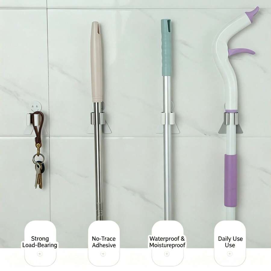 2pcs Plastic Mop Holder Wall Mount Mop Rack Wholesale Wall-Mounted Smiling Face Mop Hook Adhesive Plastic Mop Holder - Multicolor - View 1
