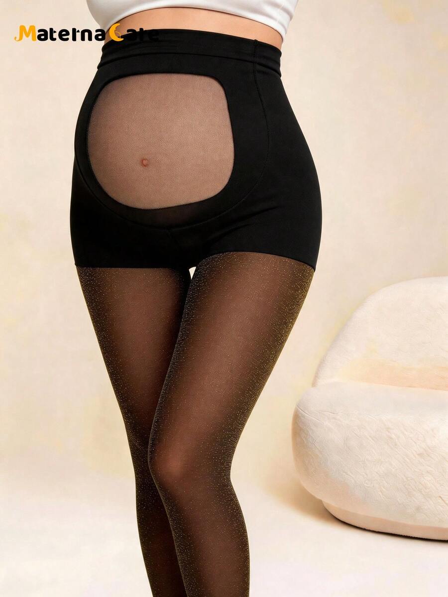 1 Pair Maternity Tights Transparent Belly Control Gold Sparkle Stockings High Elasticity, Soft And Comfortable, Suitable For Wearing During Pregnancy - Black - View 1