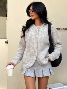 Women's Cute Comfortable Plush Knit Cardigan, Button Front Long Sleeve Sweater, Suitable For Halloween, Thanksgiving And Christmas Dates Fall - Grey - View 6