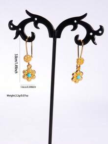 2PCS Vintage Middle Eastern Style Rust Proof 21K Gold Alternative Turquoise Stone Petal Dangle Drop Earrings For Women Ramadan & Special Occasions - Turquoise - View 7