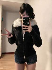 時尚女款黑色針織毛領開襟衫，雙拉鍊長袖短版上衣，高彈性優雅秋冬穿搭 - 黑色 - 查看 1