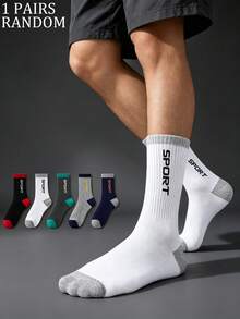 1/5 Pairs Random Men's Mid-Calf Socks, Multi-Color Contrast SPORT Letter Slogan Ribbed Cuff, Elastic Knit Breathable Moisture-Wicking Sports Socks For Running, Fitness And Daily Wear - Multicolor - View 6