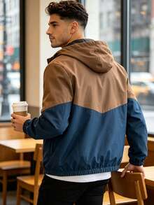 1pc Men's Colorblock Lightweight Hooded Jacket, Contrast Color Patchwork, Loose Fit Fashion Commute Versatile Casual Outerwear - Brown - View 3