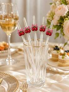 3PCS Reusable Clear Bent Glass Straw With Red Cherry & Plaid Bow Ornament, For Hot & Cold Beverages, Great For Outdoor Picnic, Holiday Gathering, Wedding Party & Present - Clear - View 6