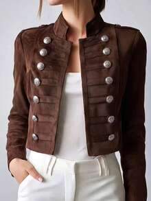 Women's Vintage Brown Short Jacket, Long Sleeve, Round Neck, Front Button, Woven Fabric, Autumn Outerwear - Brown - View 2
