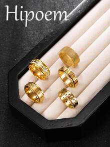 Hipoem 5pcs Fashion Stainless Steel Men's Rings Set With Mesh, ECG, Star And Moon Pattern Elements, Suitable For Daily Wear, Dating, Halloween Jewelry - Gold - View 5
