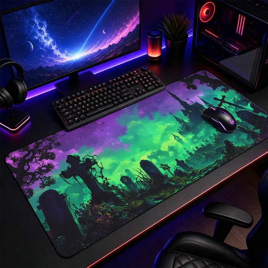 1pc Gothic Cemetery Print Extended Mouse Pad, Green Purple Dark Fantasy Keyboard Desk Mat, Halloween Desktop Decor - View 1