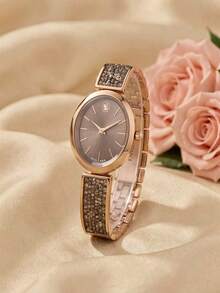 Swarovski 1pc Rose Gold Tone Oval Quartz Wrist Watch With Glass Rhinestone Strap, Elegant Women Watch For Daily Party - Brown - View 3