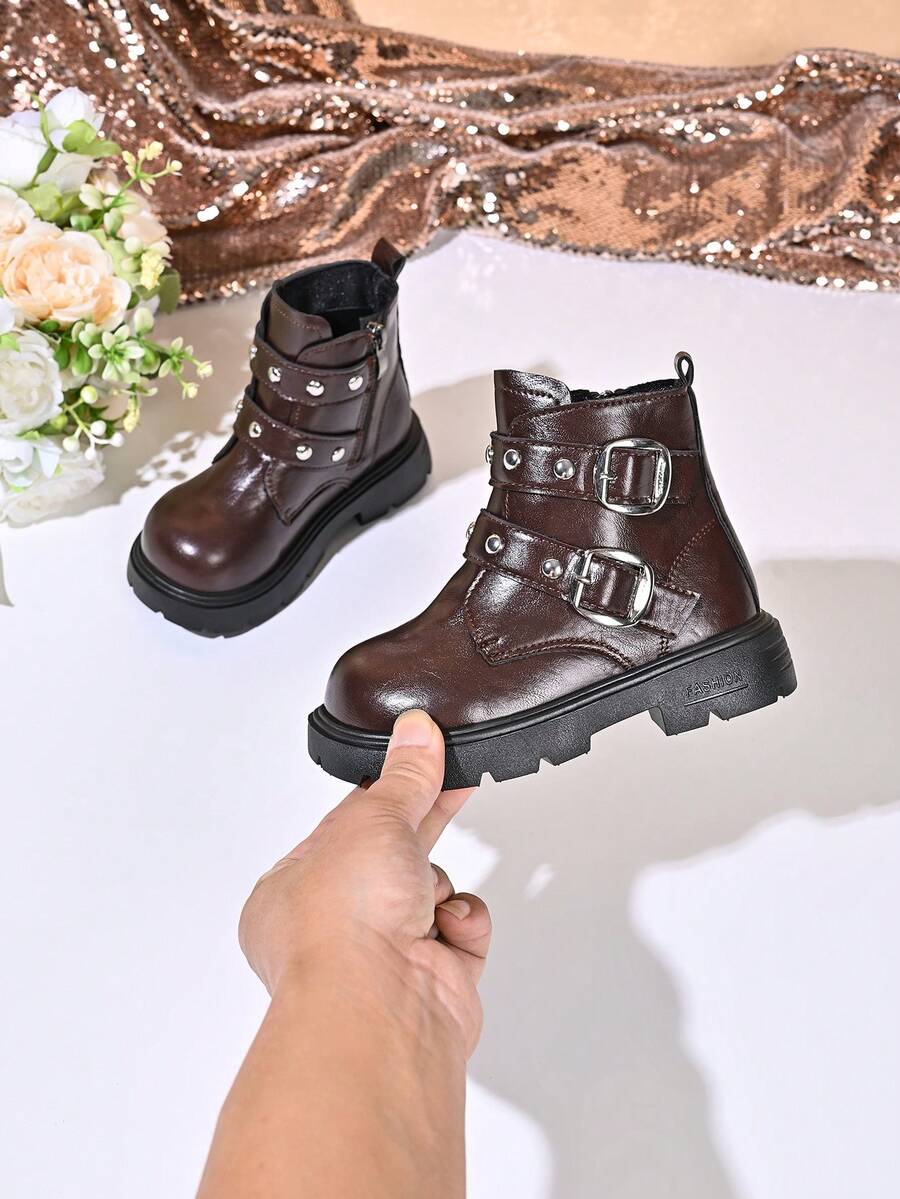 Girls' Thick Sole Boots, Double Buckle Rhinestone Embellished, Side Zipper, Motorcycle Ankle Boots, Autumn/Winter - Brown - View 1