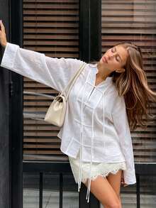 Women's Elegant Sheer Linen Blend Blouse Mandarin Collar Tie Front Loose Fit Long Sleeve Shirt Top - White - View 4