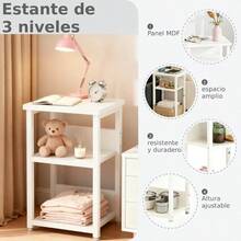 Mesa Auxiliar de 3 Niveles con Estantes de Almacenamiento, Mesa de Noche Multifuncional para Recámara, Sala, Sofá y Hogar - Blanco - Ver 4