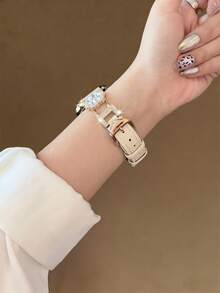 1pc New Women's Genuine Leather Metal Watch Band, Pink, Compatible With Apple Watch 38/40/41/42/44/45/46/49mm, SE Series Ultra 11/10/9/8/7/6/5/4/3/2/1, Comfortable To Wear, Durable Material, Smart Watch Accessory, Women's Accessory, Rose Gold Band, Women's Gift, Women's Watch, Fashionable And Elegant, Women's Smart Watch - Platinum Flower - View 4
