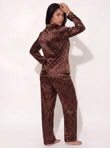 Brown Leopard Print Jacquard Women's Long Sleeve Long Pants Pajama Set - Brown - View 2