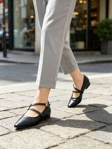 Black Pointed Toe Mary Jane Shoes, Thin Strap Metal Buckle, Low Shaft Gentle Commuter Women's Shoes - Black - View 4