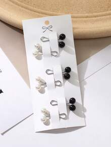 6pcs/Set Muslim Hijab Fixing Clips Pearl Brooch Metal Clip Set - Black and White - View 3