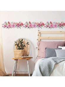 1pc Pink Flowers And Green Leaves Wall Sticker, Vinyl Decal For Home Decorations, Refresh Your Home, Festival Decoration Stickers Gifts Birthday Graduation - Multicolor - View 1