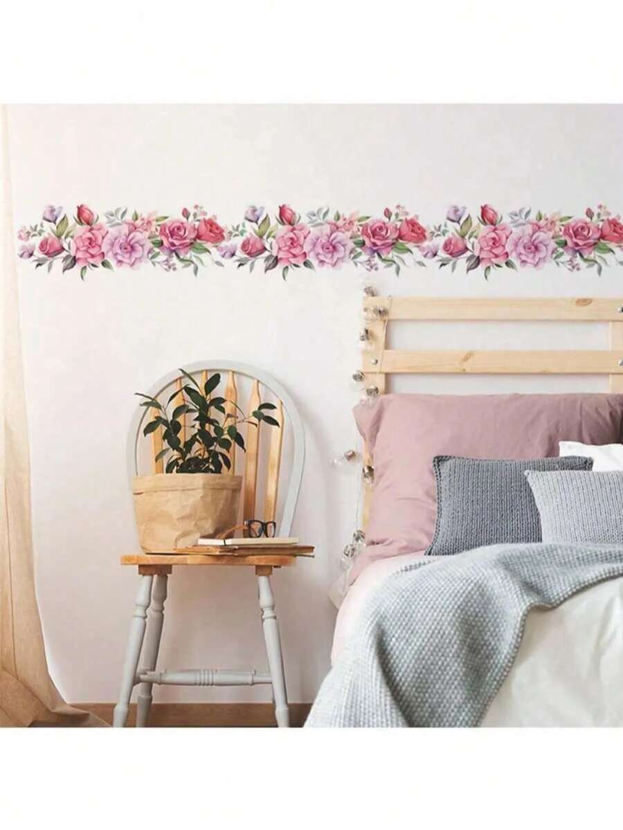 1pc Pink Flowers And Green Leaves Wall Sticker, Vinyl Decal For Home Decorations, Refresh Your Home, Festival Decoration Stickers Gifts Birthday Graduation - Multicolor - View 1