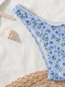 Spring Summer New Pastoral Style Blue Floral Bikini Set Halter Neck Tie Beach Vacation Party Date Two-Piece Swimsuit - Multicolor - View 5