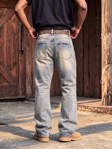 Men's Vintage Washed Flared Jeans, Distressed Ripped Denim Pants, Black Patchwork Raw Edge Design, Fashion Casual Long Pants - Blue - View 5