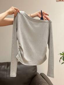 Korean Style Slouchy Solid Color Long Sleeve T-Shirt Women Single-Side Ruched Waist Slim Fit Cropped Top Autumn Inner Wear - Light Grey - View 2
