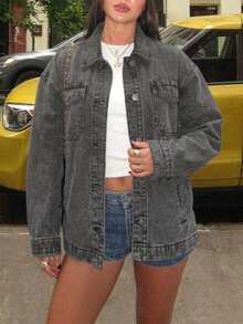 Women's Casual Street Loose Mid-Length Lapel Button Front Denim Jacket - Grey - View 3