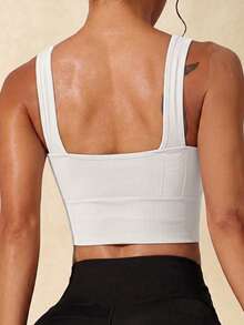 Women's Ribbed Knit U-Neck Cropped Sports Bra, Ribbed Square Neck Sports Tank Top, Built-In Removable Padding, Slim Fit Fitness Pilates Training Workout Bra - White - View 6